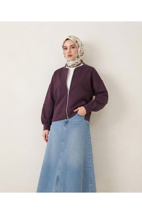 Fermuarlı Ön Parçalı Manşetli Tunik-Bordo