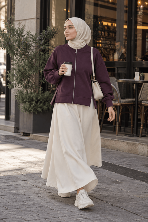 Fermuarlı Ön Parçalı Manşetli Tunik-Bordo