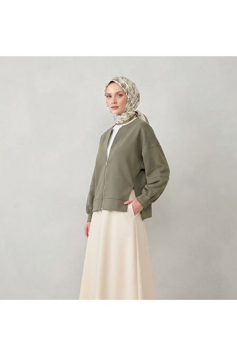 Fermuarlı Ön Parçalı Manşetli Tunik-Haki