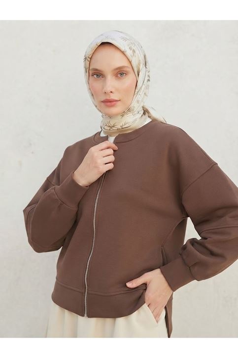 Fermuarlı Ön Parçalı Manşetli Tunik-Kahve