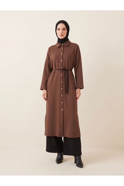 Yakalı Patlı Oysh Elbise-Kahve