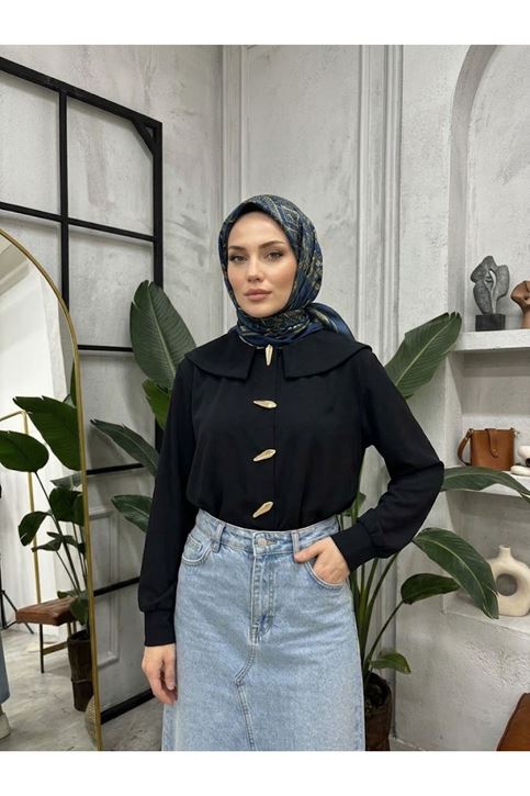Şal Yaka Patlı Tunik-Siyah