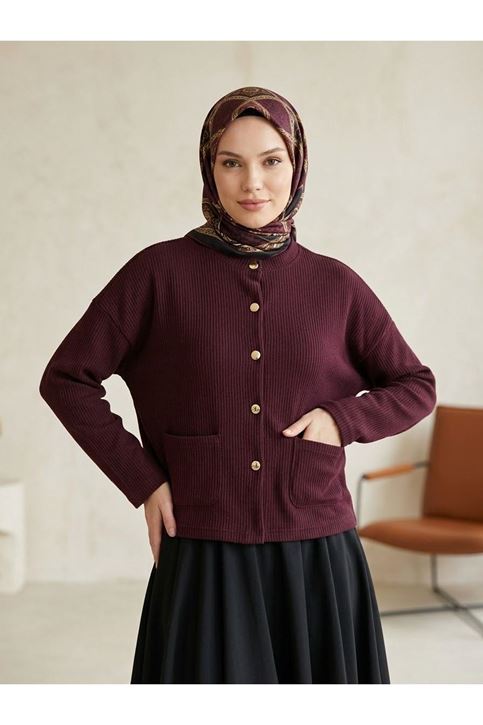 Cep Detay Kısa Hırka-Bordo