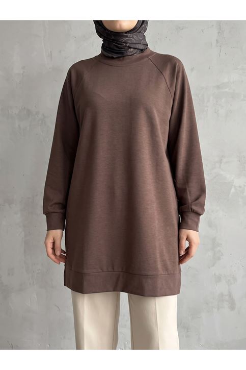 Reglan Kol Manşetli Pike Tunik-Kahve