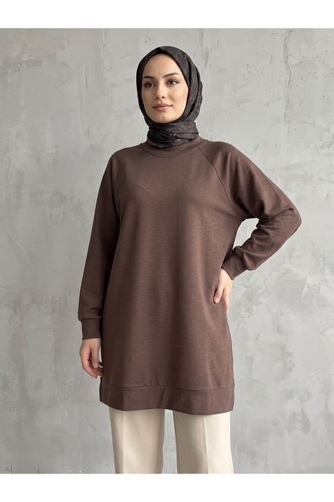Reglan Kol Manşetli Pike Tunik-Kahve