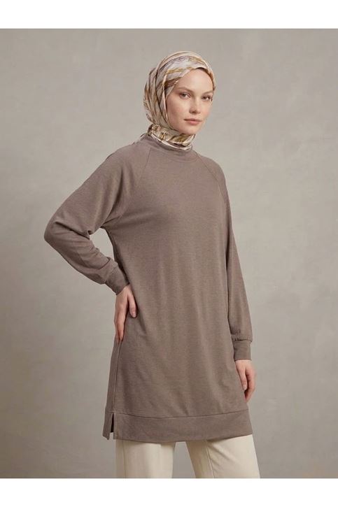 Reglan Kol Manşetli Pike Tunik-Açık Kahve