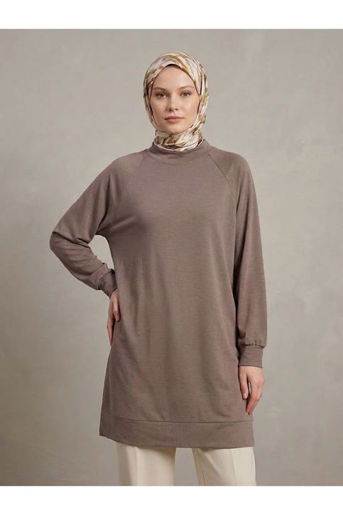 Reglan Kol Manşetli Pike Tunik-Açık Kahve