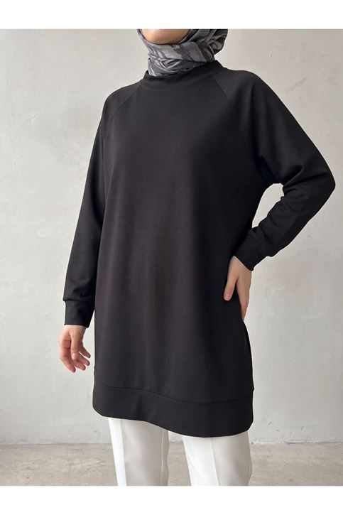 Reglan Kol Manşetli Pike Tunik-Siyah