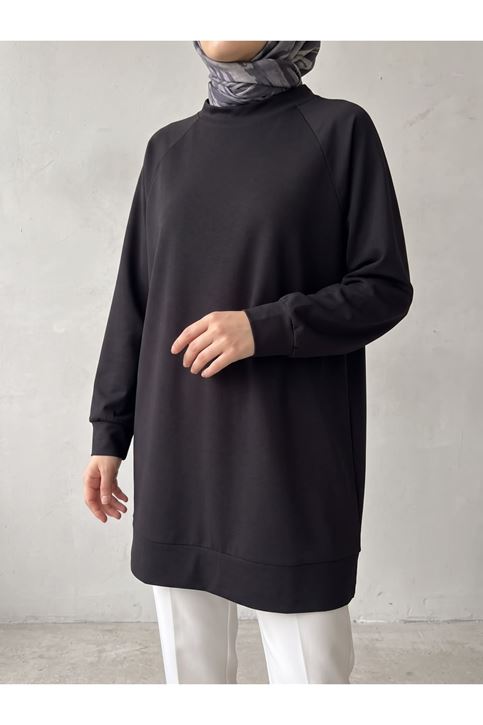 Reglan Kol Manşetli Pike Tunik-Siyah