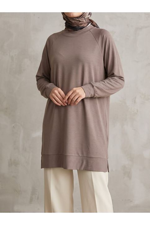 Reglan Kol Manşetli Pike Tunik-Açık Kahve