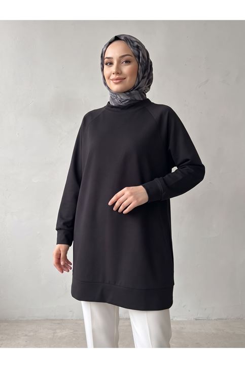 Reglan Kol Manşetli Pike Tunik-Siyah