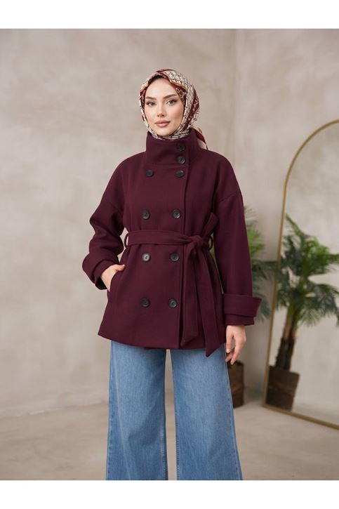 Apoletli Kaşe Ceket-Bordo