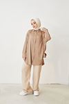 Oversize Saten Gömlek-Bej