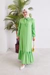 Etek Fırfırlı Fular Yaka Elbise-Fıstık Yeşili
