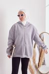 Ön Fermuarlı Kapşonlu Sweatshirt Hırka-Gri