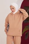 Kapüşonlu Kanguru Cepli Sweatshirt-Bej