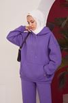 Kapüşonlu Kanguru Cepli Sweatshirt-Lila
