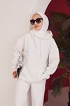 Kapüşonlu Kanguru Cepli Sweatshirt-Ekru