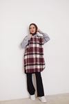 Ön Düğme Kapşonlu Ekose Tunik-Bordo