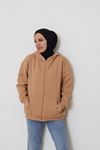 Ön Fermuarlı Kapşonlu Sweatshirt Hırka-Bej