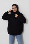 Ön Fermuarlı Kapşonlu Sweatshirt Hırka-Siyah