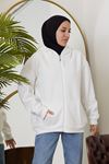 Ön Fermuarlı Kapşonlu Sweatshirt Hırka-Ekru