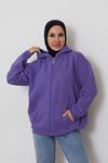 Ön Fermuarlı Kapşonlu Sweatshirt Hırka-Lila