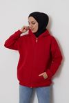 Ön Fermuarlı Kapşonlu Sweatshirt Hırka-Kırmızı