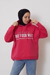 Baskılı Üç İplik Sweatshirt-Fuşya