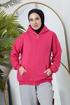 Ön Fermuarlı Kapşonlu Sweatshirt Hırka-Fuşya