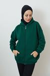 Ön Fermuarlı Kapşonlu Sweatshirt Hırka-Zümrüt Yeşil