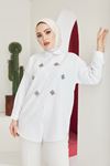 Önü İnci Detay Terikoton Tunik-Beyaz