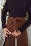 Kadın Beli Lastikli Bağlama Detaylı Geniş Paça Tesettür Pantolon-Kahve