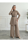 Omuz Aksesuar Pile DetayPantolonlu Takım-Vizon