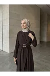 Önü Bağlamalı Aksesuar Detay Elbise-Kahve
