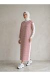 Çizgili Garnili Elbise-Kırmızı